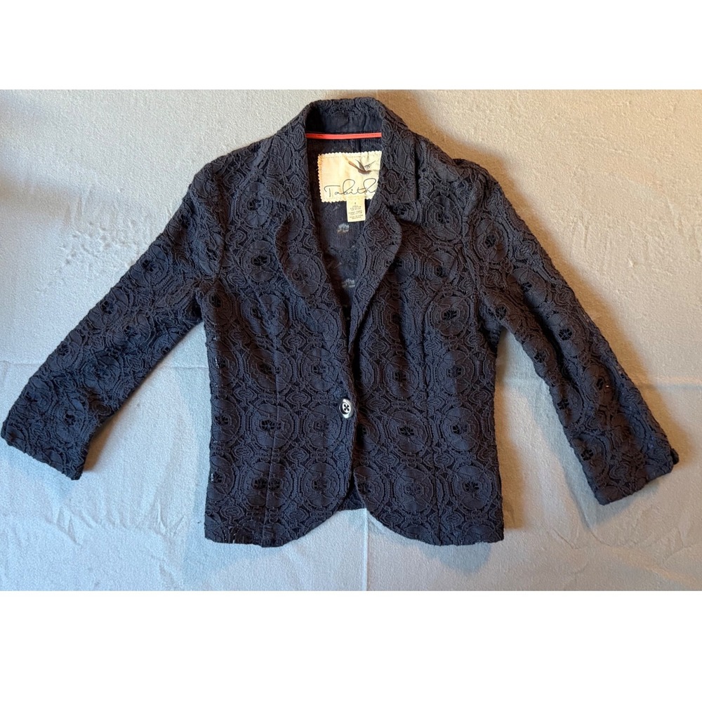 Tabitha Anthropologie Navy Floral Lace Single Button Blazer Jacket Size 8